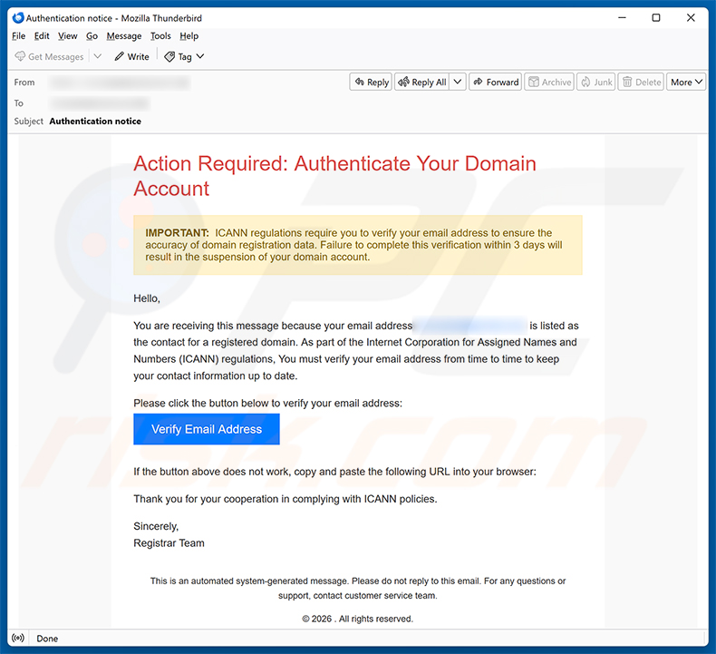Campagna di spam via email Authenticate Your Domain Account