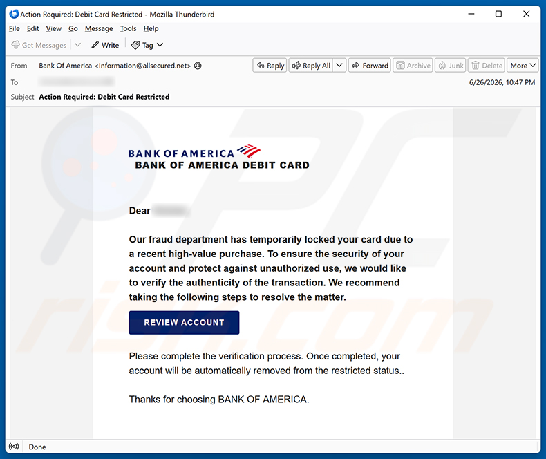 Campagna di email spam Bank Of America Card Locked