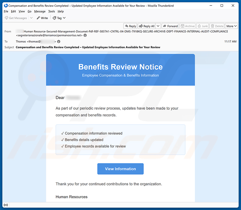 Campagna di spam via email Benefits Review Notice
