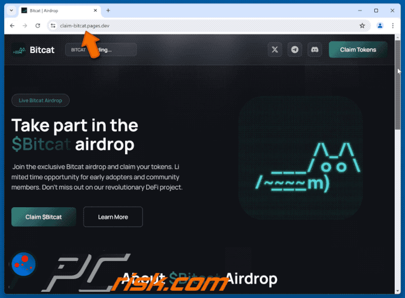 Aspetto di $Bitcat Airdrop truffa (claim-bitcat.pages[.]dev) (GIF)
