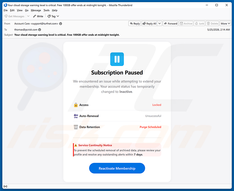 Campagna di spam via email Cloud Subscription Paused