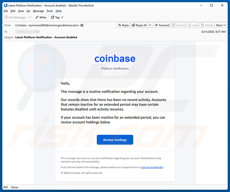 Coinbase - Disablement Of Inactive Accounts truffa via email campagna di spam