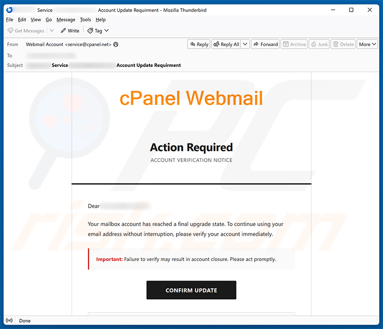 campagna di email spam cPanel Final Account Upgrade State