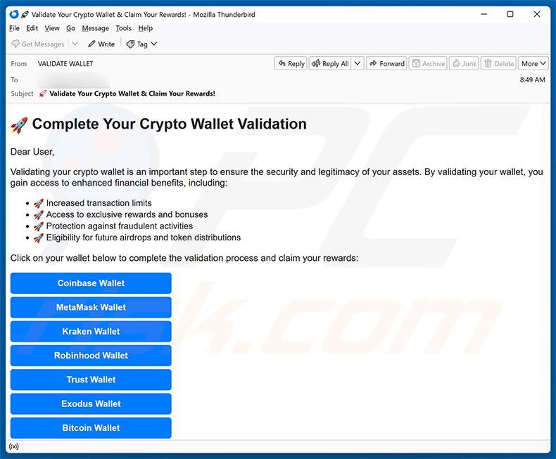 Campagna di spam via email Crypto Wallet Validation
