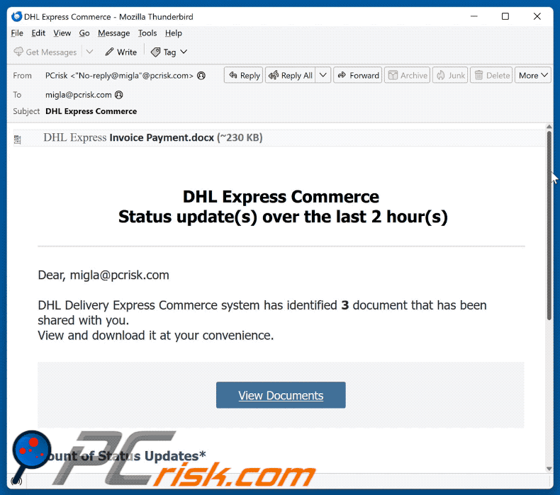 Email truffa DHL Express Commerce Status Update (GIF)