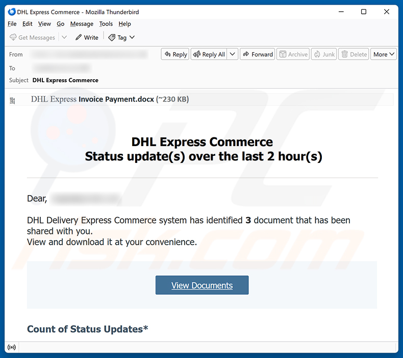 Campagna di email spam DHL Express Commerce Status Update truffa via email