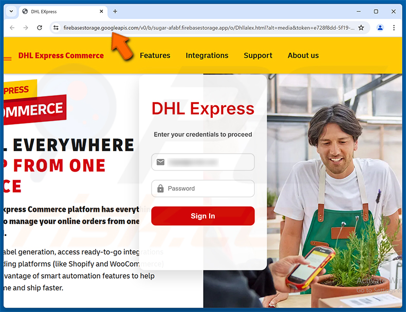 Pagina di phishing DHL Express Commerce Status Update