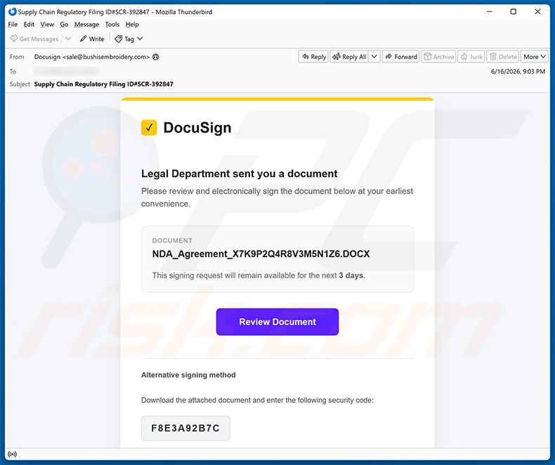 Campagna di spam via email DocuSign - Legal Department Document