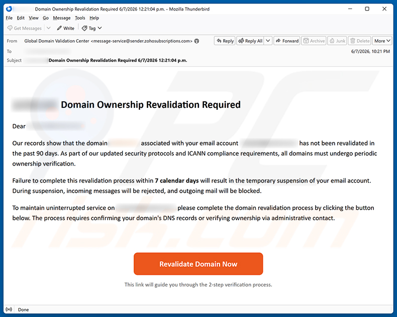 Campagna di spam via email Domain Ownership Revalidation Required
