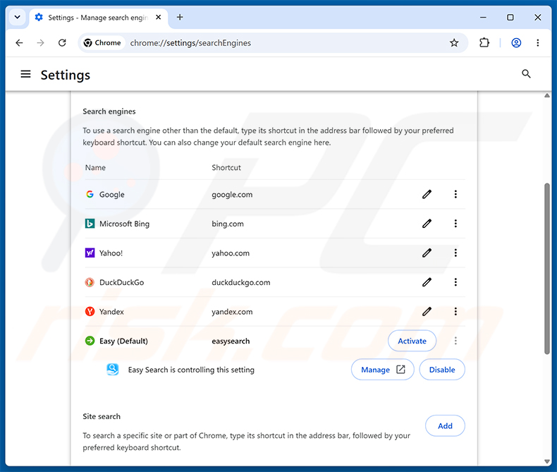 Rimozione di easysearching.net dal motore di ricerca predefinito di Google Chrome