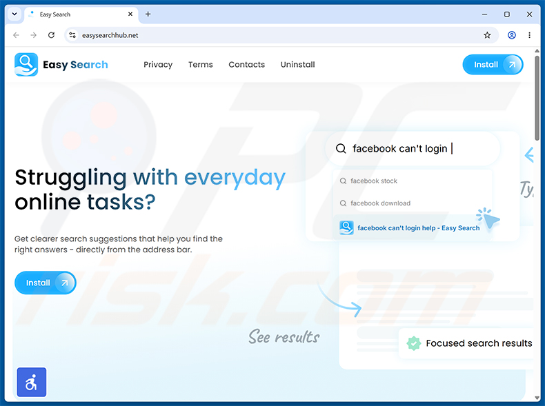 Sito web utilizzato per promuovere il dirottatore del browser Easy Search (esempio 1)