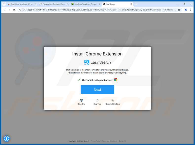 Sito web utilizzato per promuovere il dirottatore del browser Easy Search (esempio 2)