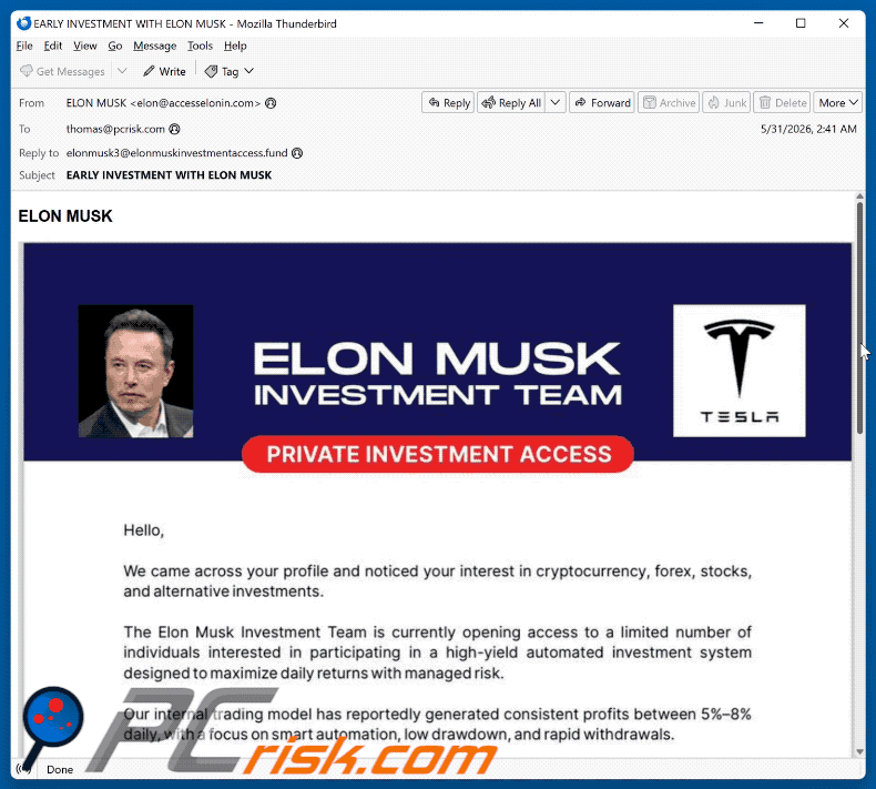 Aspetto completo dell'email truffa Elon Musk Investment Team