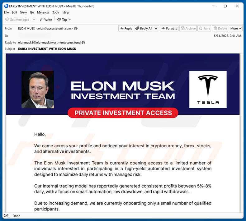 Campagna di spam via email Elon Musk Investment Team