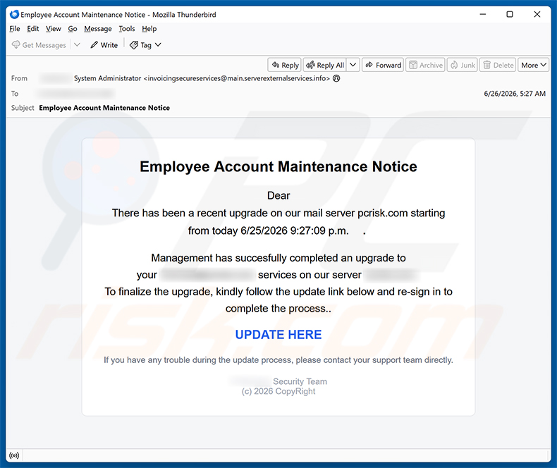 Campagna di spam via email Employee Account Maintenance Notice