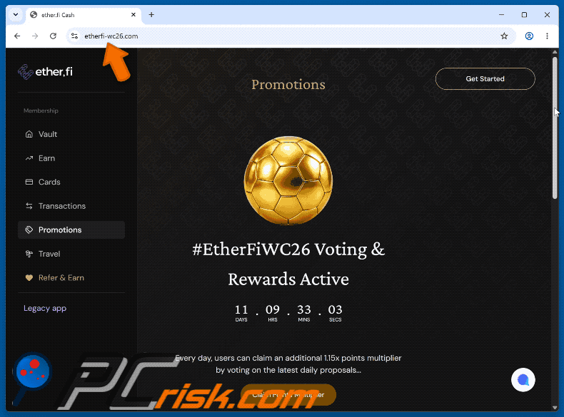 Aspetto della truffa EtherFiWC26 Voting Rewards Scam (GIF)