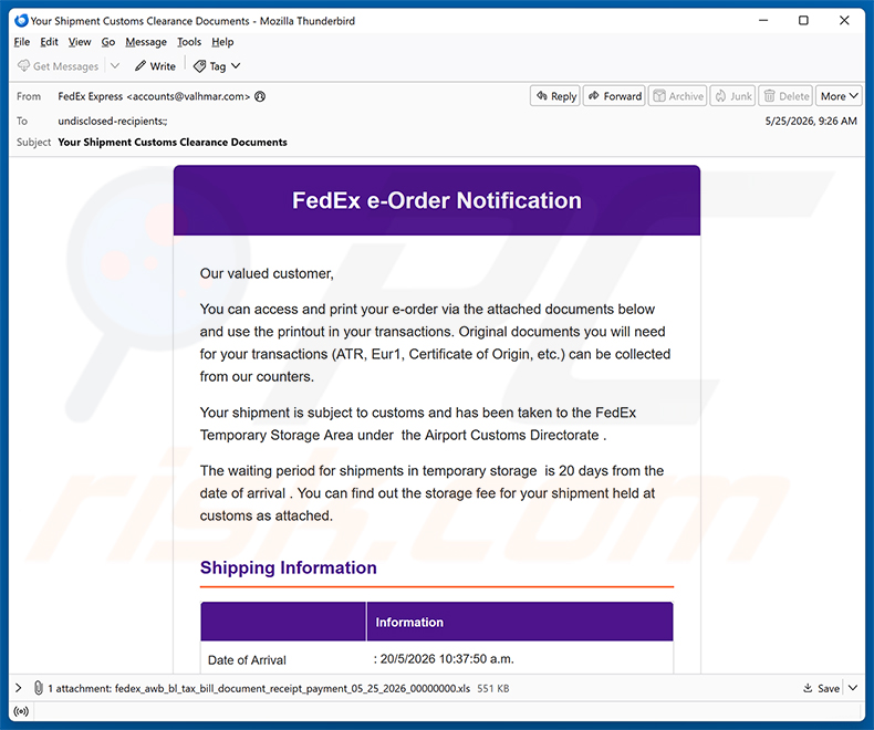 Campagna email spam FedEx e-Order Notification