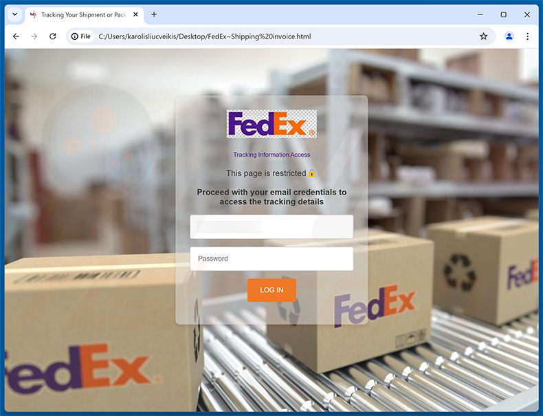 Pagina di phishing della truffa via email FedEx Shipping Labels/Documents In PDF Format