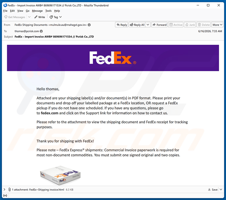 Campagna di spam email truffa FedEx Shipping Labels/Documents In PDF Format