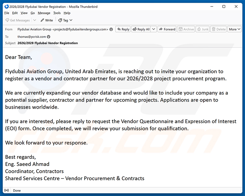 Campagna di spam via email Flydubai Vendor Registration