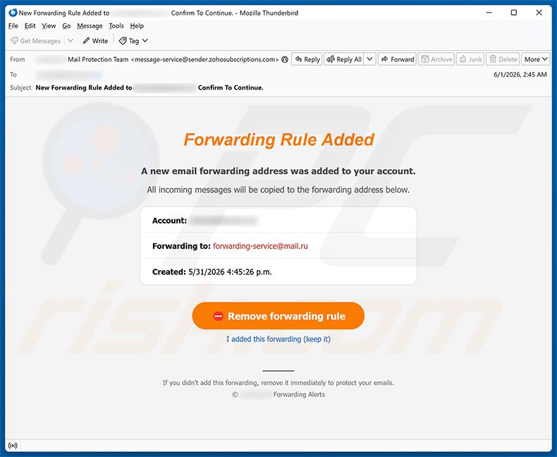 Campagna di spam via email Forwarding Rule Added