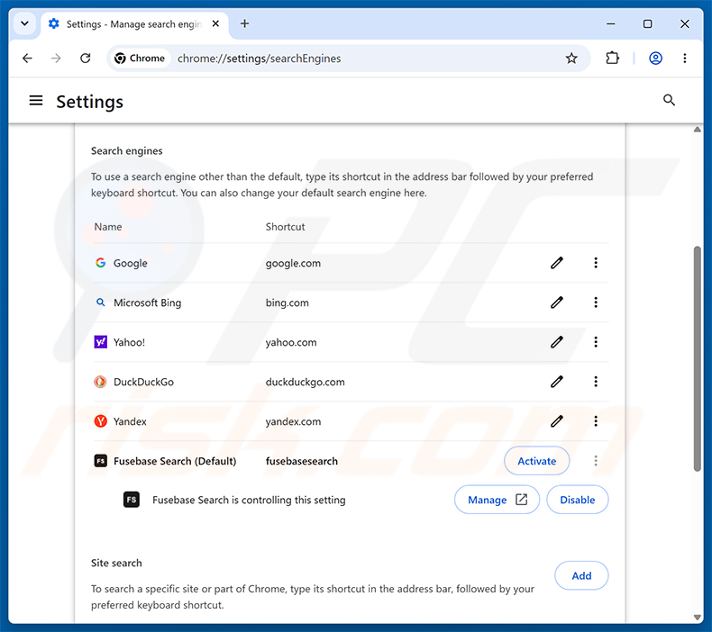 Rimozione di Fusebase Search (s.fusebase-search.com) dal motore di ricerca predefinito di Google Chrome