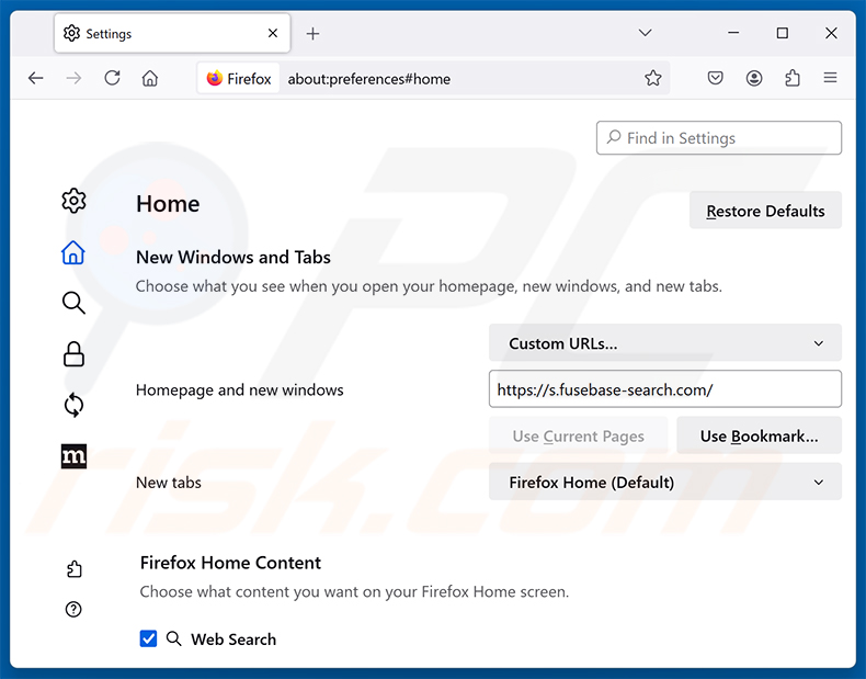 Rimozione di Fusebase Search (s.fusebase-search.com) dalla homepage di Mozilla Firefox