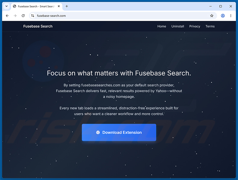 Sito web promozionale ufficiale del dirottatore del browser Fusebase Search (s.fusebase-search.com)