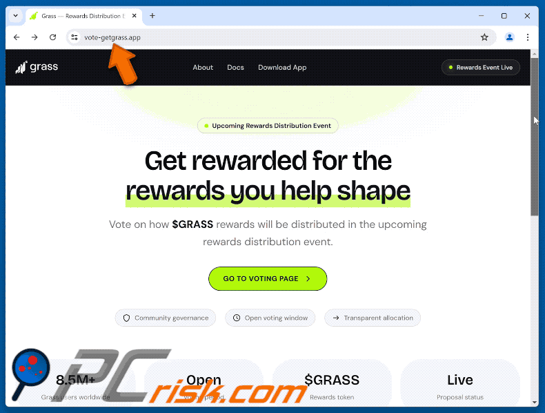 Aspetto della truffa Grass Vote Rewards Scam (GIF)