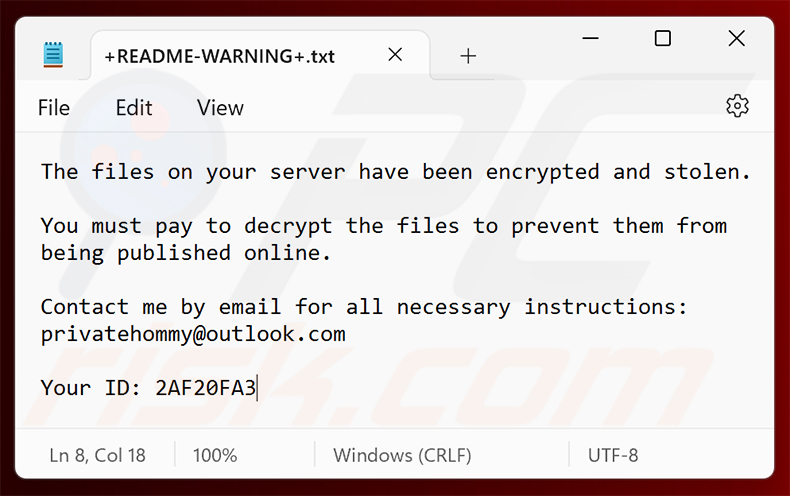 Richiesta di riscatto del ransomware Hommy (+README-WARNING+.txt)