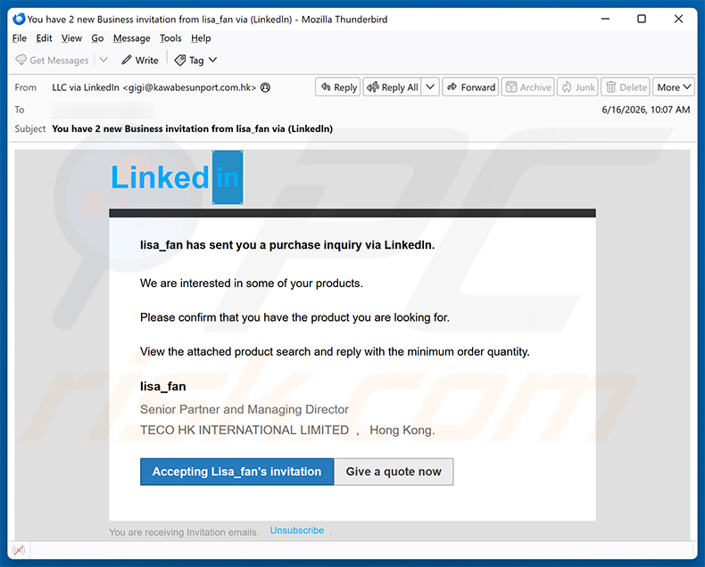 Campagna di spam via email della truffa LinkedIn Purchase Inquiry