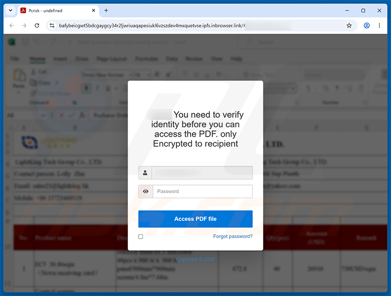 Pagina di phishing della truffa LinkedIn Purchase Inquiry