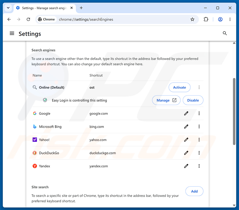 Rimozione di Easy Login (loginonlineapp.com) dal motore di ricerca predefinito di Google Chrome
