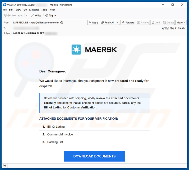 Campagna di spam email MAERSK Shipment Ready For Dispatch