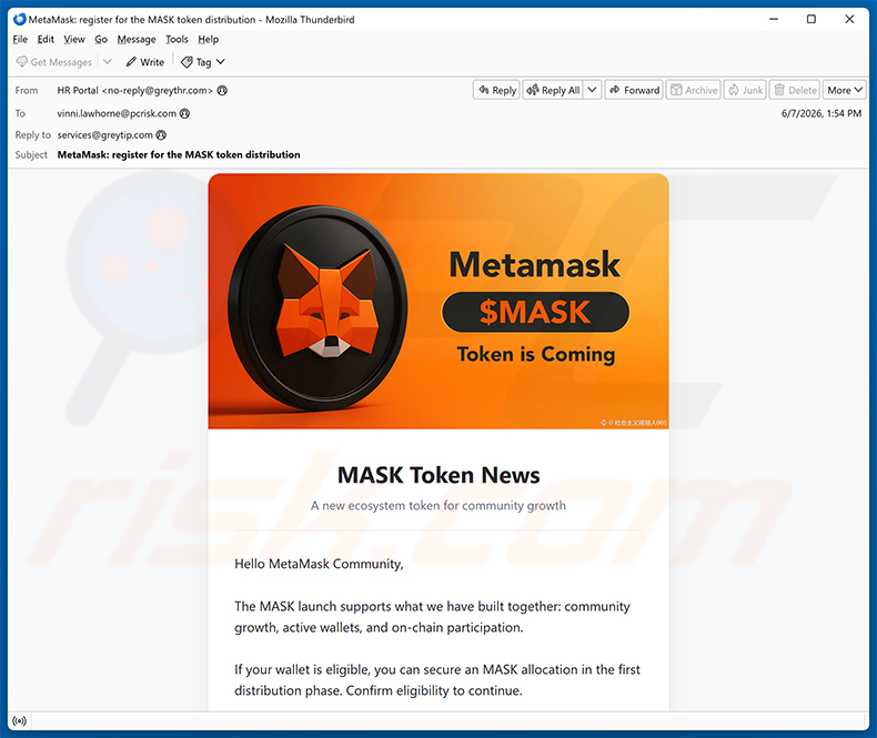 Campagna di spam via email MetaMask ($MASK) Token Allocation