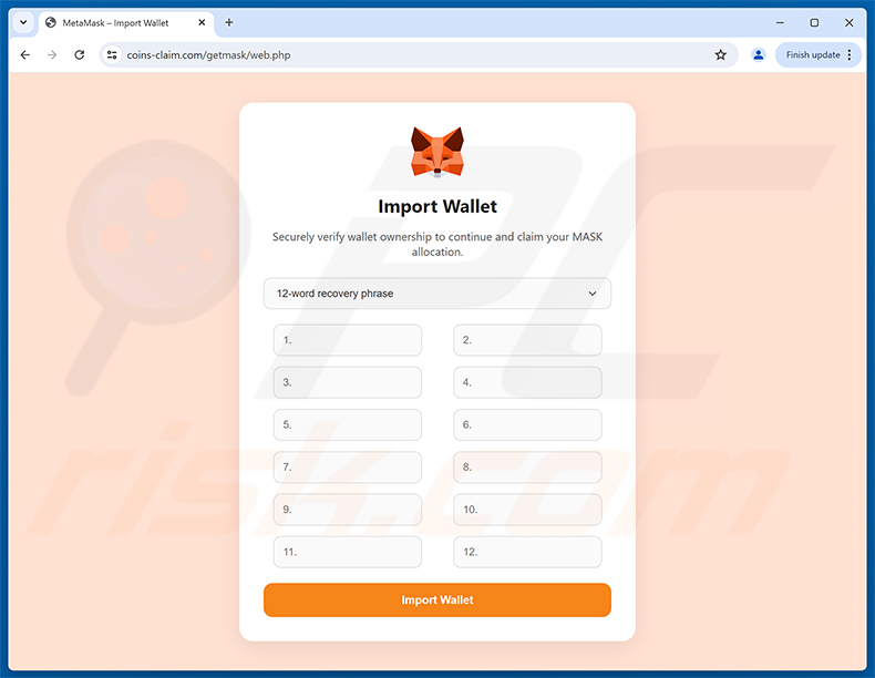 Pagina di phishing MetaMask ($MASK) Token Allocation (fase 3 - falsa pagina Import Wallet)