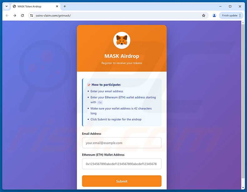 Pagina di phishing MetaMask ($MASK) Token Allocation (fase 1 - modulo di registrazione airdrop)