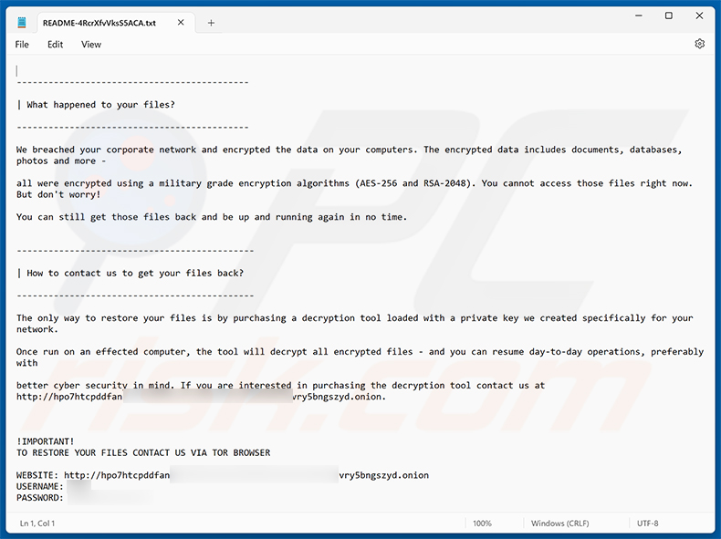 Nota di riscatto del ransomware MORTAR (README-4RcrXfvVksS5ACA.txt)