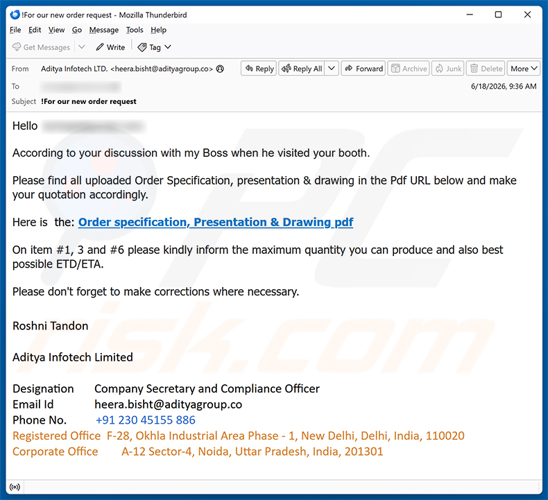 Campagna di spam via email Order Specification, Presentation & Drawing truffa via email