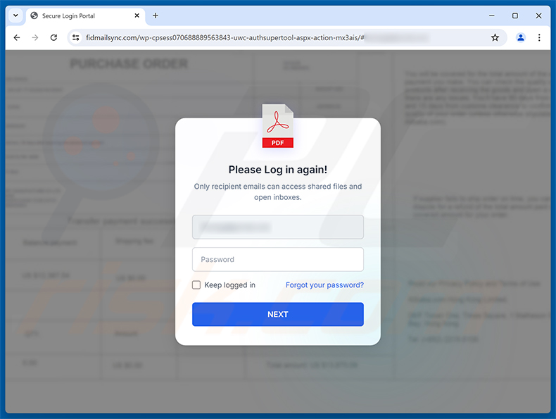 Pagina di phishing della truffa via email Order Specification, Presentation & Drawing