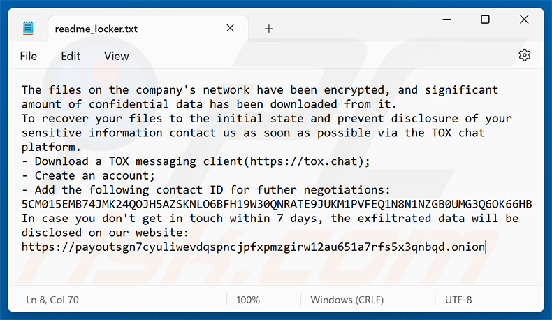 Richiesta di riscatto del ransomware Payouts Kings (readme_locker.txt)