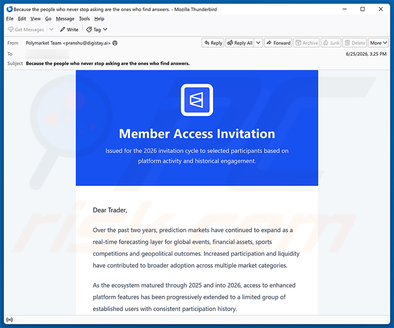 Campagna di email spam Polymarket Member Access Invitation
