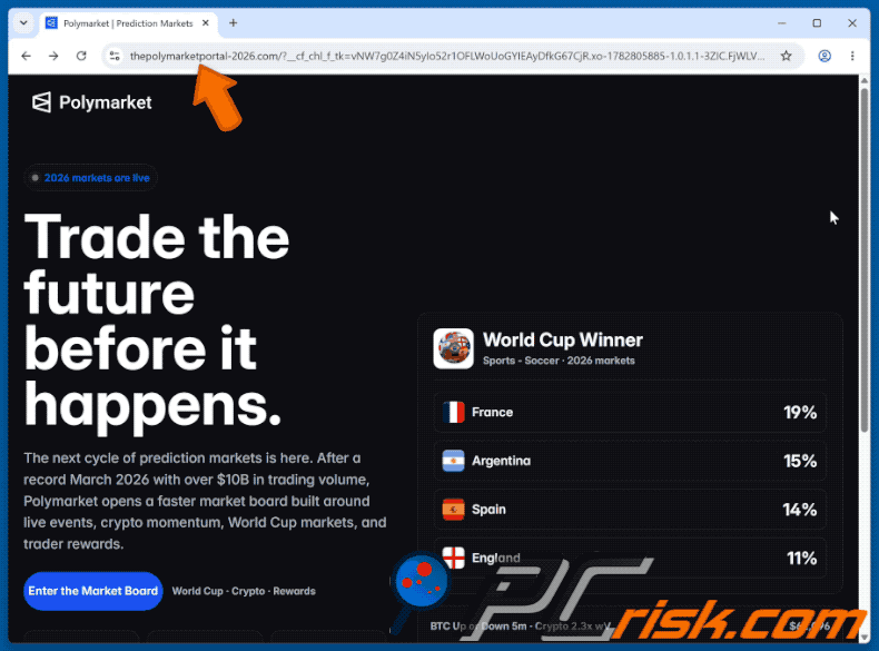Falso sito web Polymarket che opera come drainer (thepolymarketportal-2026[.]com)