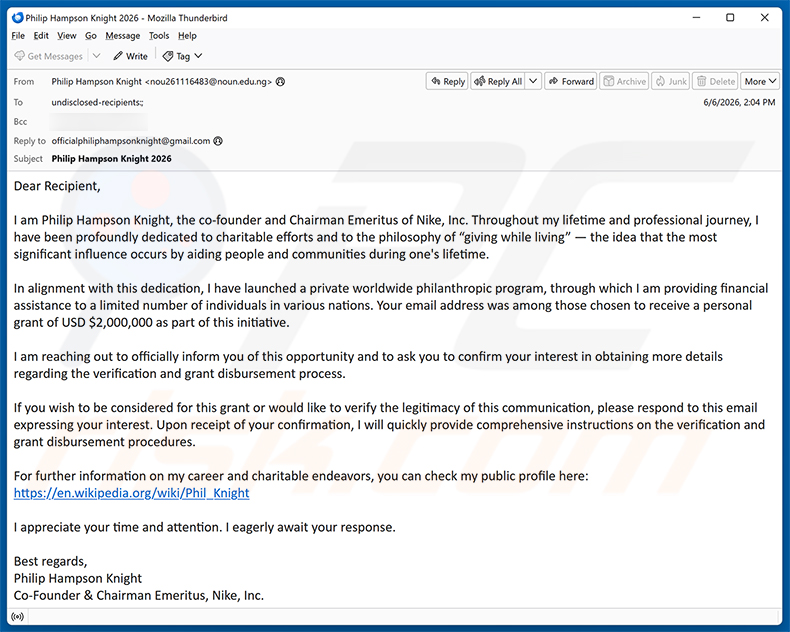 Campagna di spam via email Private Worldwide Philanthropic Program