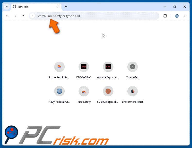 Dirottatore del browser Pure Safety (pureextension.net) che reindirizza a Yahoo (GIF)