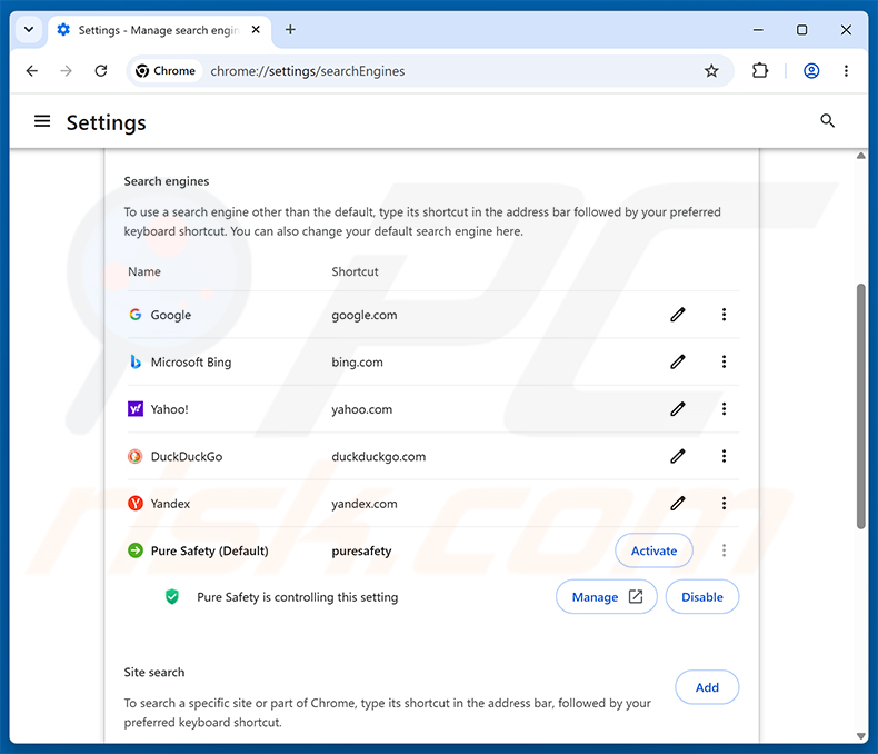 Rimozione di Pure Safety (pureextension.net) dal motore di ricerca predefinito di Google Chrome