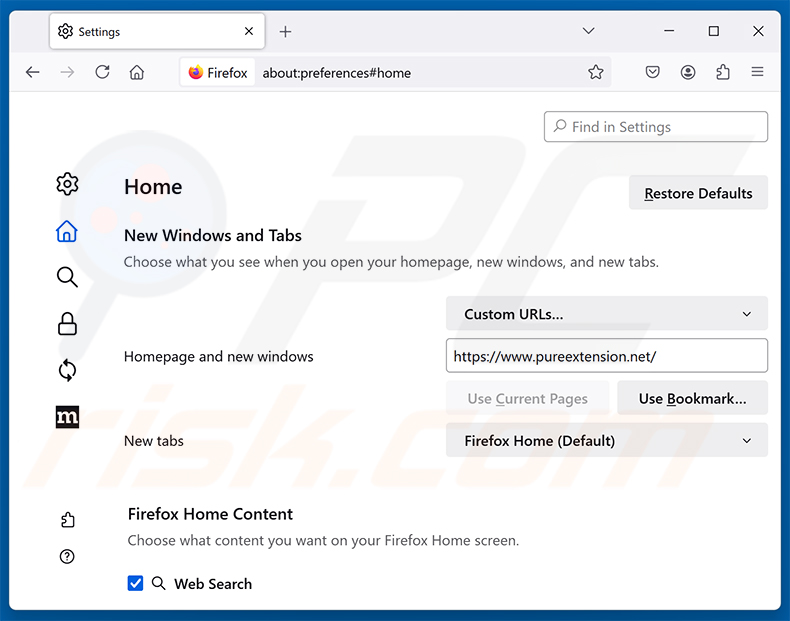 Rimozione di Pure Safety (pureextension.net) dalla homepage di Mozilla Firefox