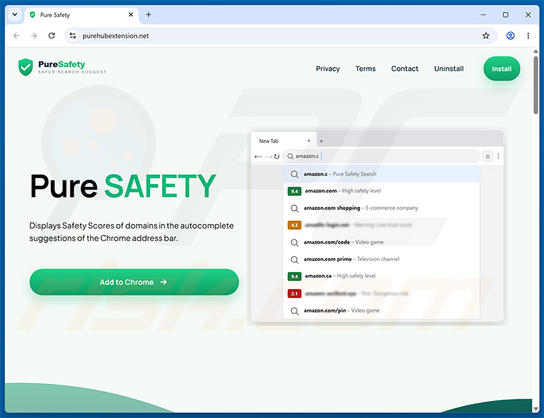 Sito web promozionale ufficiale del dirottatore del browser Pure Safety (pureextension.net) (esempio 1)