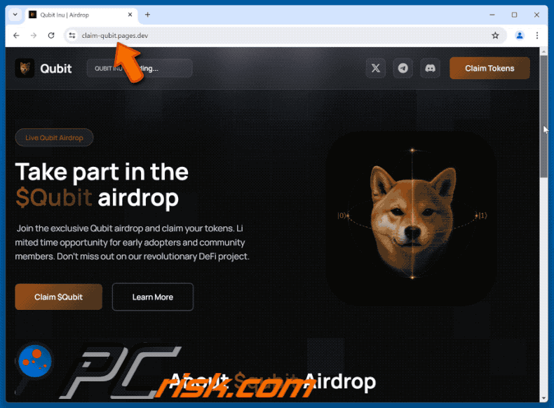 Aspetto di $Qubit Airdrop Scam (claim-qubit.pages[.]dev) (GIF)