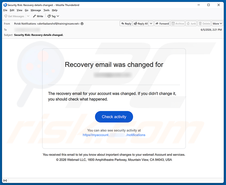 Campagna email di spam Recovery Email Was Changed truffa
